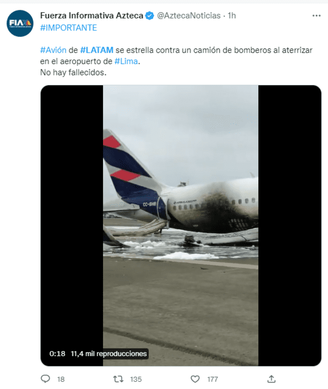 Así informa la prensa internacional sobre la colisión del avión de Latam en el Jorge Chávez. Foto: captura Fuerza Informativa Azteca en Twitter