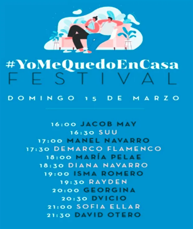 'Yo me quedo en casa Festival'. Horarios del 15 de marzo del festival / Warner Music Spain.