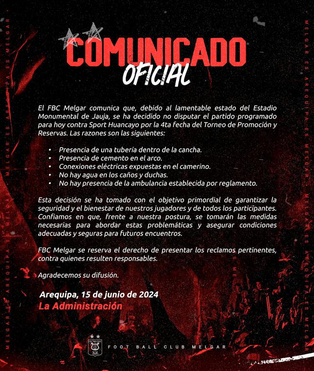 Comunicado de Melgar. Foto: FBC Melgar/X   