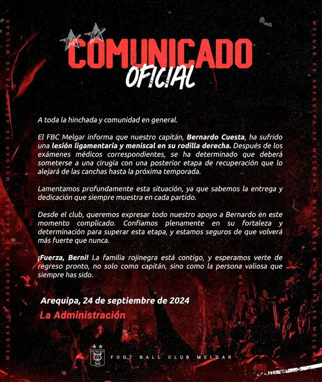  Comunicado oficial del cuadro rojinegro. Foto: FBC Melgar   