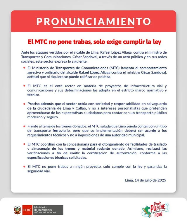 MTC se pronuncia ante los discursos de López Aliaga sobre los trenes Caltrain.    