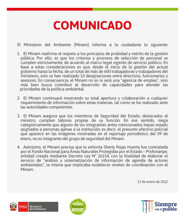 Ministerio del Ambiente negó que se le brinden privilegios a Sherly Rojas Huerta sin ser trabajadora del Minam. Foto: Captura de comunicado.