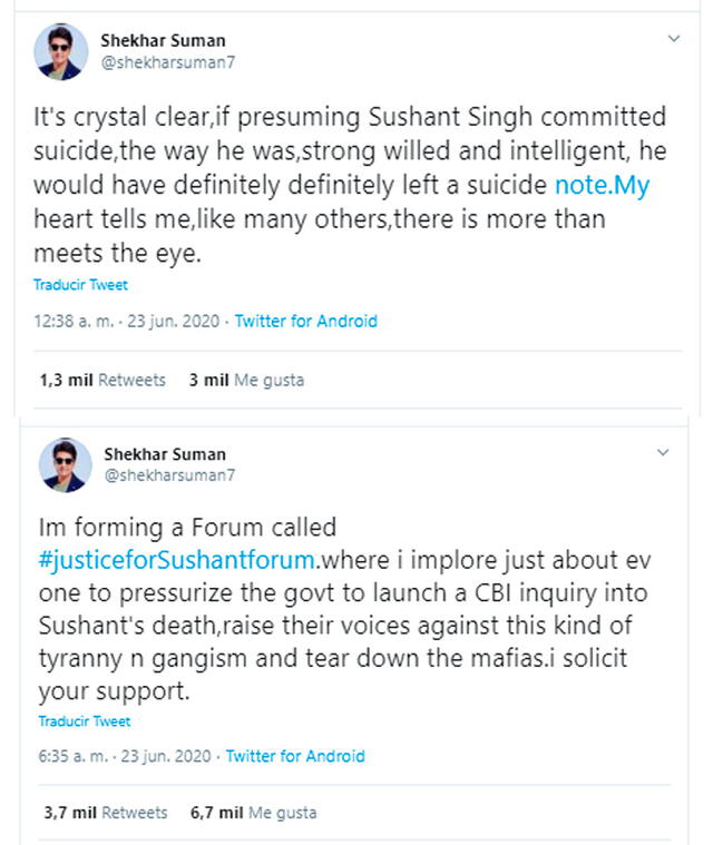 Tweets de Shekhar Suman negándose a creer que Sushant Singh Rajput se suicidó. Crédito: captura Twitter