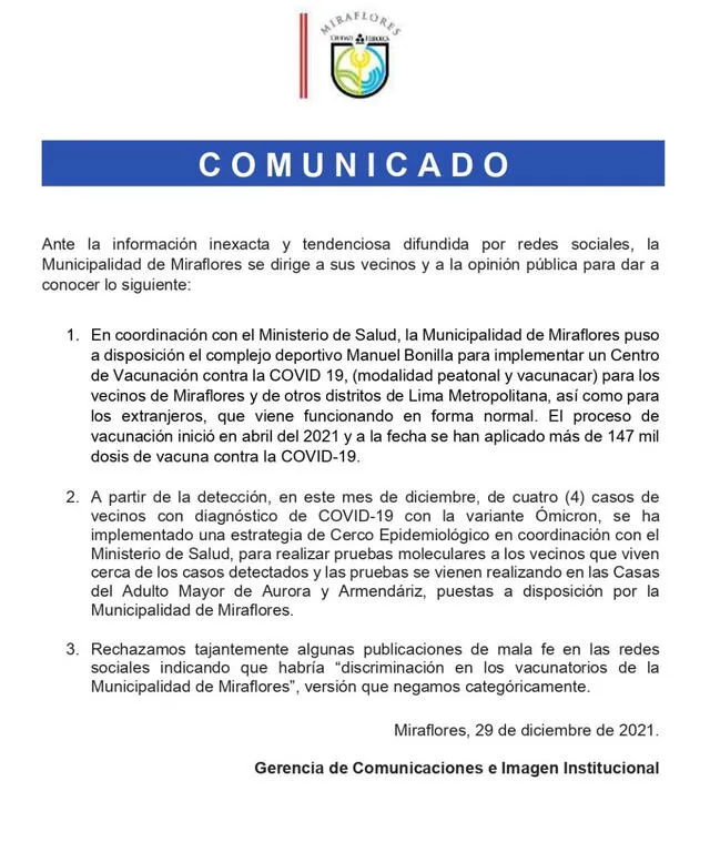 Comunicado fue emitido este miércoles. Foto: Municipalidad de Miraflores