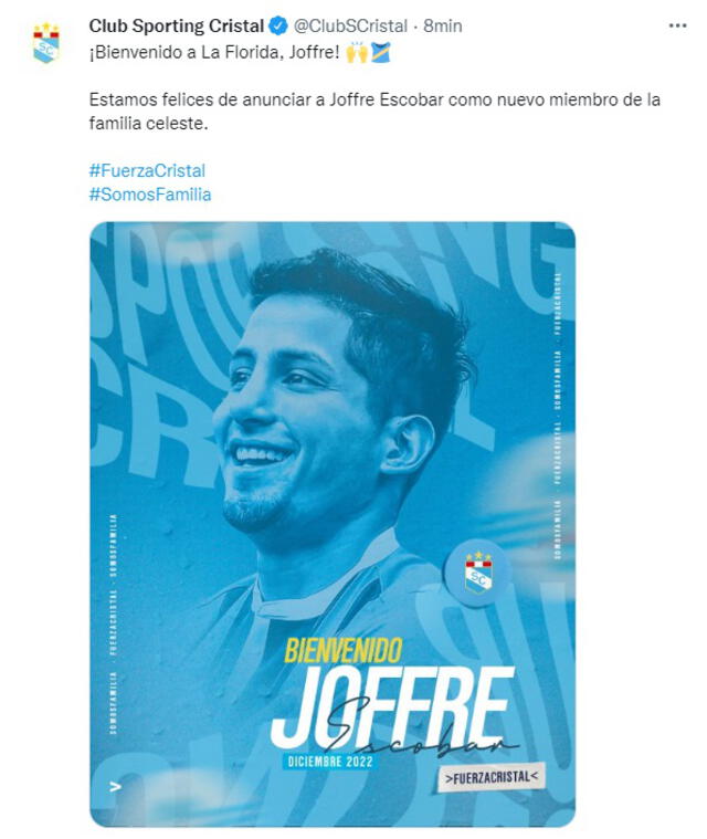 Jofree Escobar jugará en Cristal por todo lo que resta del 2022. Foto: captura de @ClubSCristal/Twitter