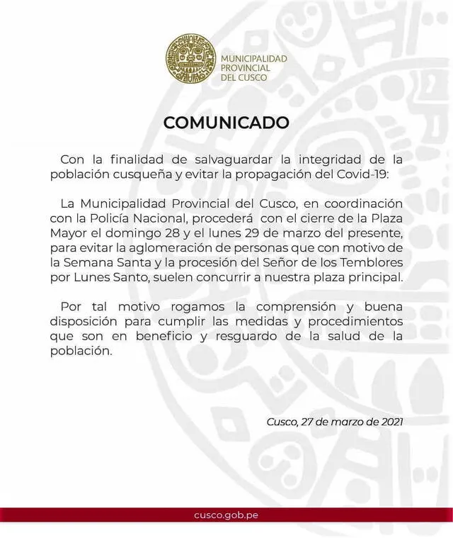 Comunicado de la Municipalidad Provincial del Cusco.
