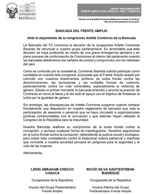 Comunicado del Frente Amplio sobre renuncia de Arlette Contreras.
