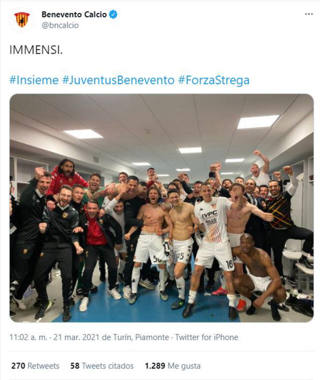 Así celebraron los jugadores del Benevento. Foto: Twitter/@bncalcio