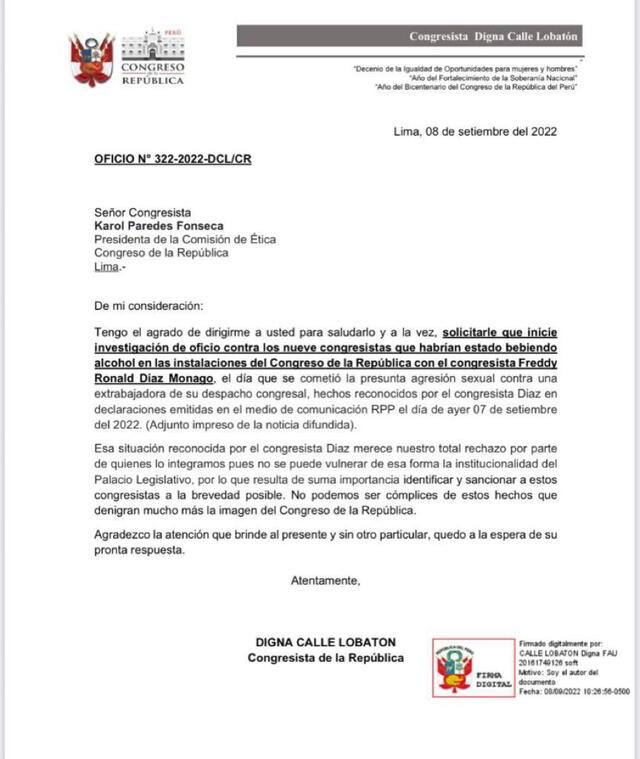 Digna Calle emitió un documento a la Comisión de Ética