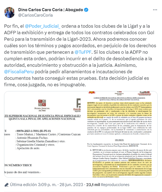  Carlos Caro sobre la orden del Poder Judicial respecto a los contratos entre GolPerú y clubes peruanos. Foto: captura Twitter.   