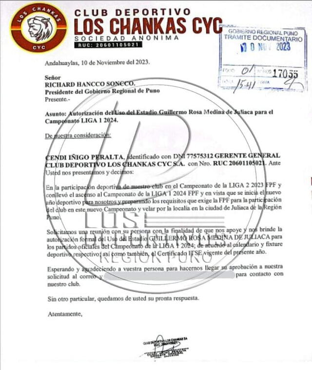  Carta enviada al Gobernador Regional de Puno. Foto: Los Deportivos - Región Puno   