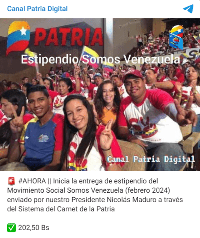  El Bono Somos Venezuela fue anunciado por el Gobierno de Venezuela. Foto: Canal Patria Digital   
