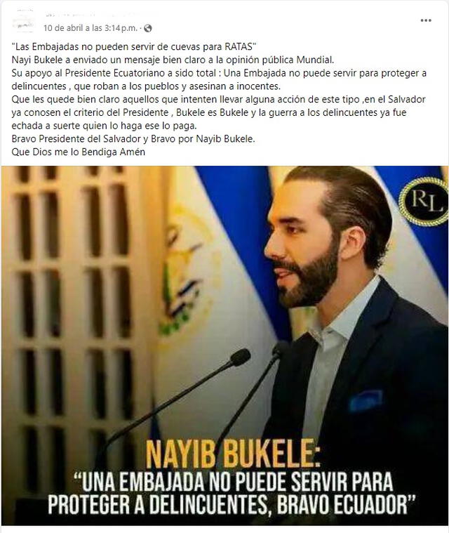 <em> Desinformación sobre Nayib Bukele. Foto: captura de Facebook</em>   