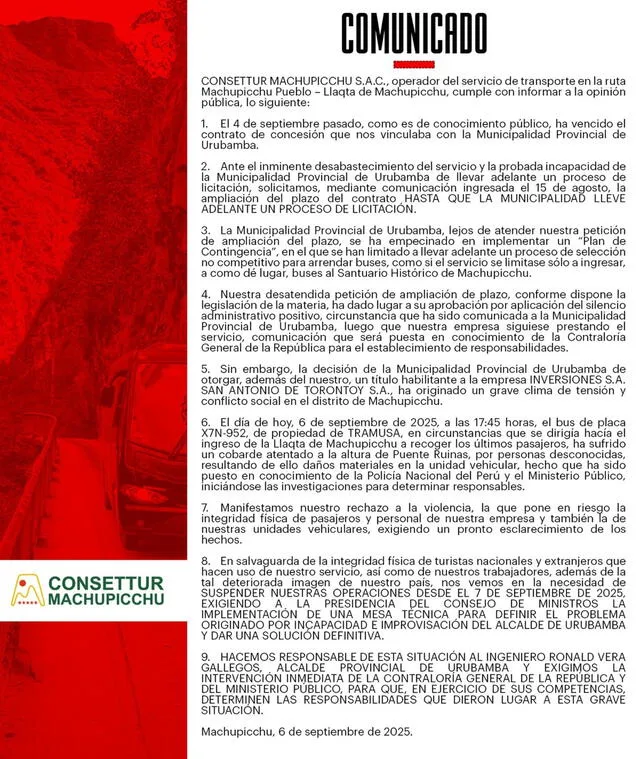 Comunicado emitido por Consettur respecto al cese de operaciones. Foto: Cosettur Comunicado emitido por Consettur respecto al cese de operaciones. Foto: Cosettur