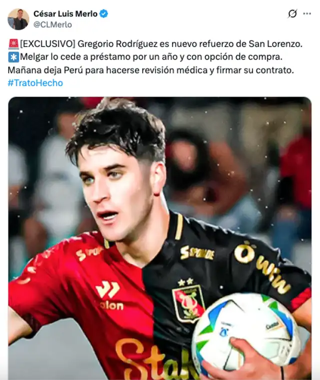 Gregorio Rodríguez fue comprado por Melgar en el 2025. Foto: captura de Twitter/César Luis Merlo   
