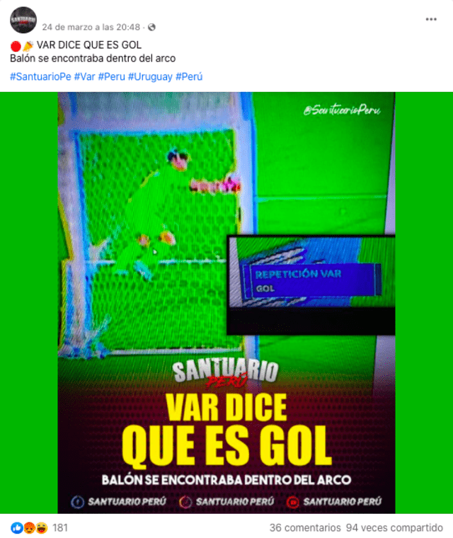 Publicación en Facebook donde se asegura que el video arbitraje favoreció al equipo peruano. Fuente: Captura LR, Facebook.