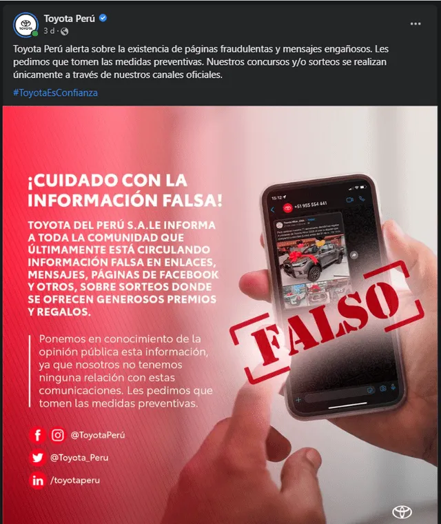 Publicación de Toyota alertando sobre estafas que toman su nombre. Foto: captura de Facebook Publicación de Toyota alertando sobre estafas que toman su nombre. Foto: captura de Facebook