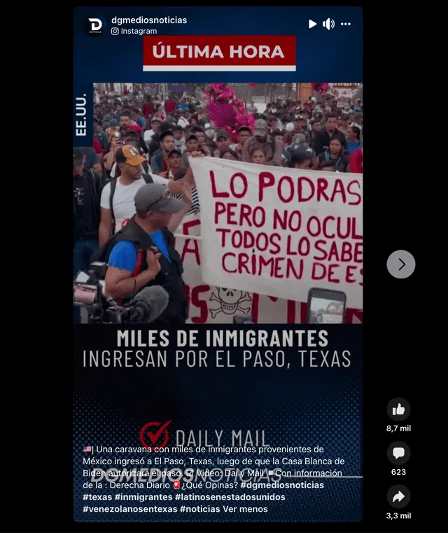 Publicación sobre el supuesto ingreso de ciudadanos migrantes desde México hacia Estados Unidos. Foto: captura LR/Instagram   