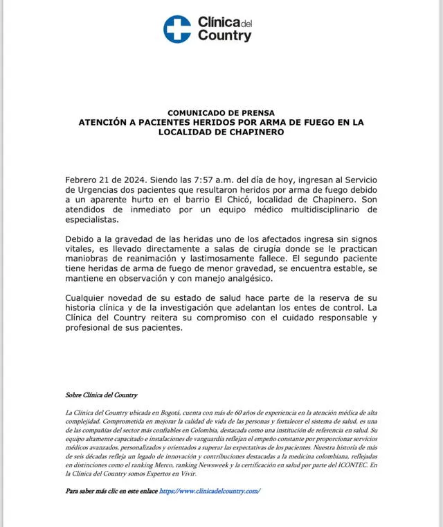 Comunicado de prensa de Clínica del Country. Fuente: Clínica del Country Comunicado de prensa de Clínica del Country. Fuente: Clínica del Country