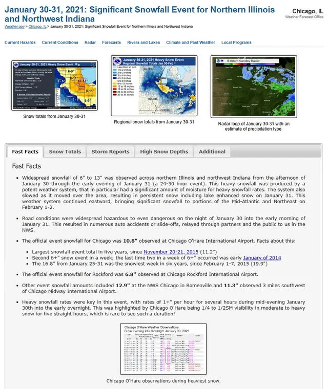 <em>Comunicado de la institución meteorológica de Estados Unidos sobre la caída de nieve en el lago Michigan y estados aledaños. Foto: captura de Google</em>   