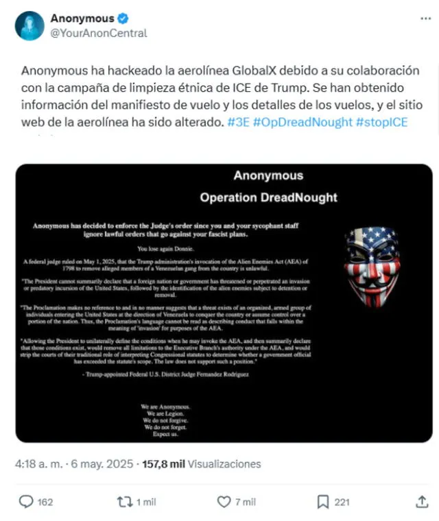 El hackeo de la aerolínea GlobalX, realizado por Anonymous, ocurrió tras las deportaciones de inmigrantes venezolanos hacia El Salvador. Foto: X (@YourAnonCentral). El hackeo de la aerolínea GlobalX, realizado por Anonymous, ocurrió tras las deportaciones de inmigrantes venezolanos hacia El Salvador. Foto: X (@YourAnonCentral).