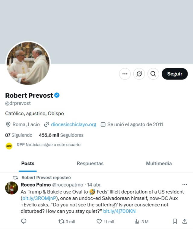 <em>Cuenta real del cardenal Robert Prevost, conocido ahora como el papa León XIV. Foto: captura de X</em>   