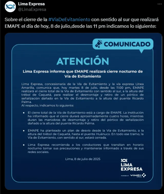  Comunicado de Lima Expresa sobre cierre de la Vía de Evitamiento. Captura: X<br>    