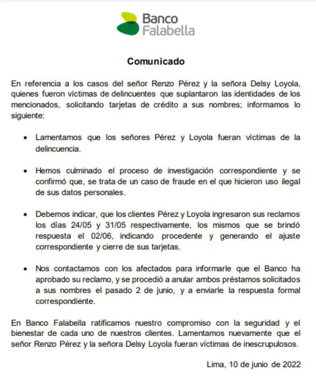 Comunicado Banco Falabella
