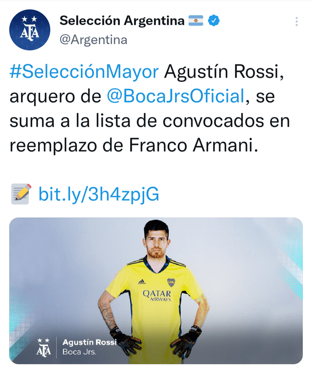 Agustín Rossi entra a la lista para el partido de Bolivia tras la lesión de Armani. Foto: Selección Argentina.