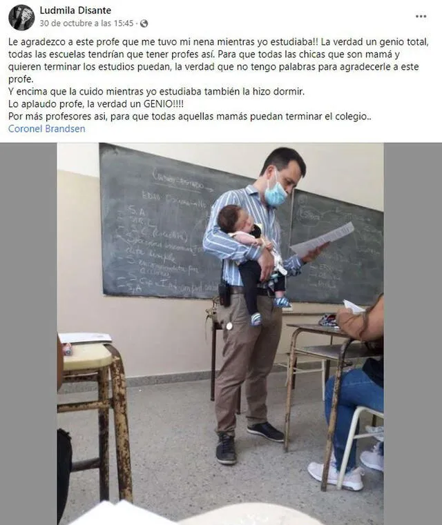 Profesor cuida a la bebé de su alumna para que ella termine el año escolar y la mujer se lo agradece
