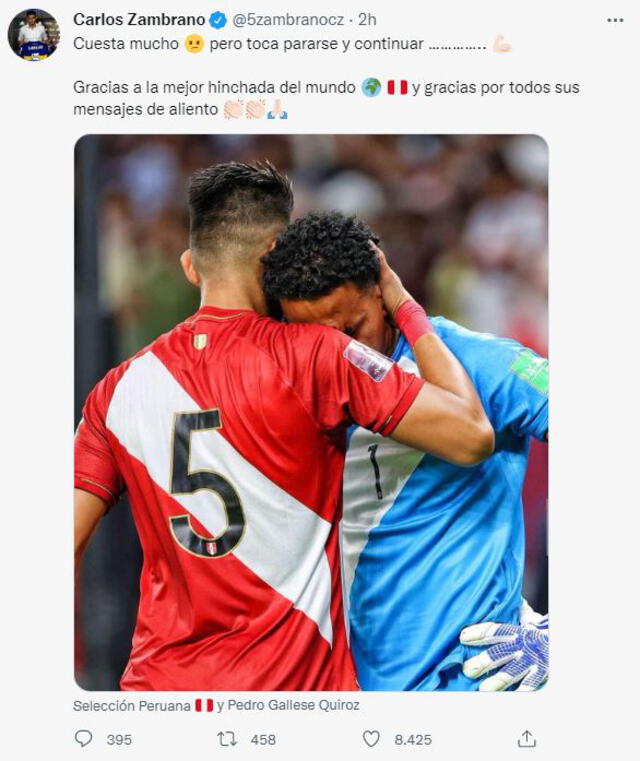 La publicación de Zambrano recibió más de 8 mil me gusta y fue retuiteada por la cuenta de la selección peruana y de Gallese. Foto: captura de Twitter @5zambranocz