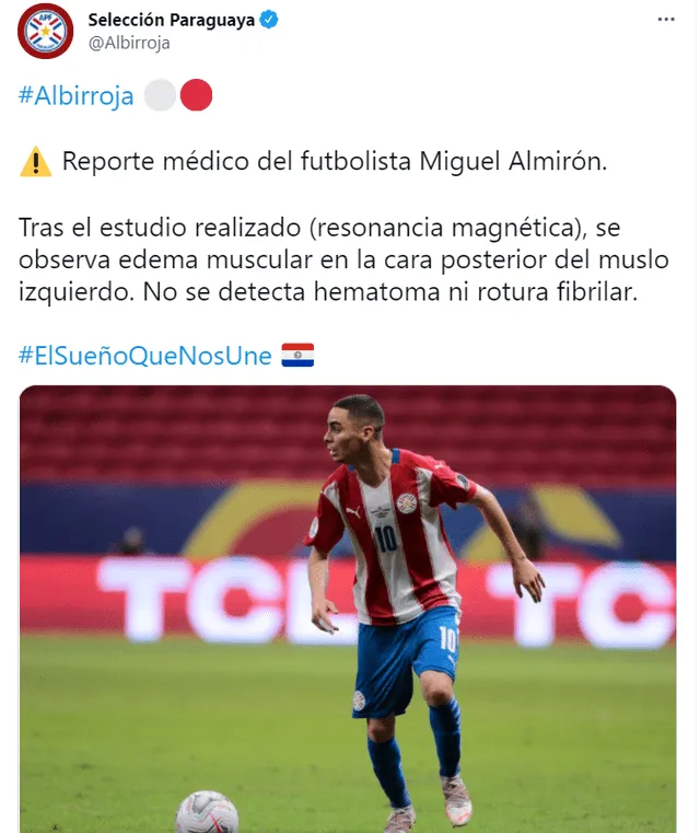 Miguel Almirón le tendrá que ceder su puesto a uno de sus compañeros para el duelo ante Perú. Foto: selección paraguaya