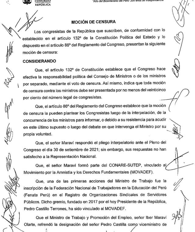 Documento de moción de censura firmado por los congresistas. Foto: captura