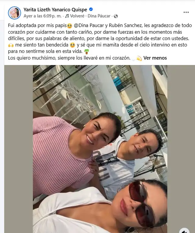 Yarita Lizeth agradece a Dina Páucar por cumplir un rol de madre. Foto: Facebook