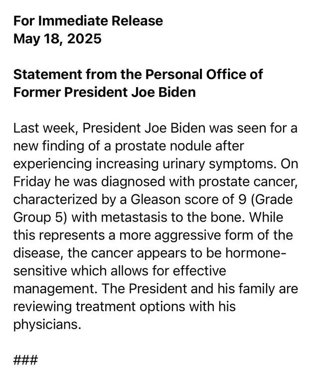  Former President Joe Biden announces prostate cancer diagnosis, beginning treatment and monitoring. Photo: X    