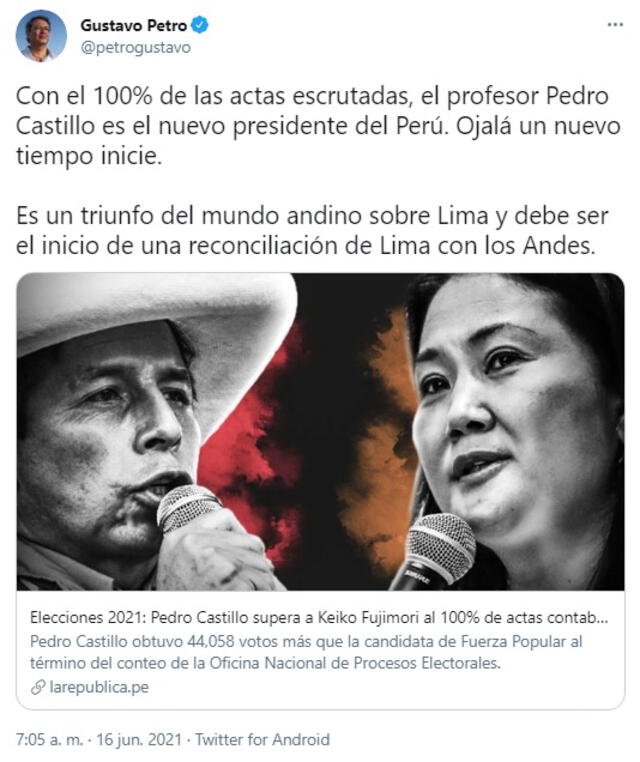 El mensaje de Gustavo Petro sobre los comicios en Perú. Foto: captura de Twitter