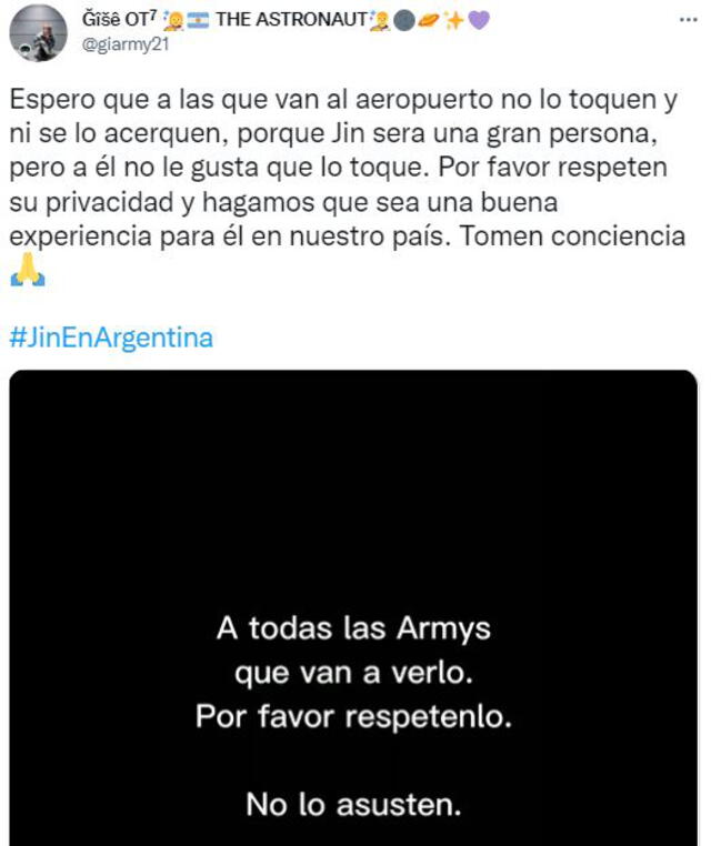 Recomendaciones sobre la llegada de Jin a Argentina. Foto: captura @giarmy21