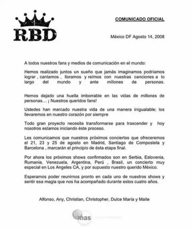 RBD anuncia el fin de la agrupación