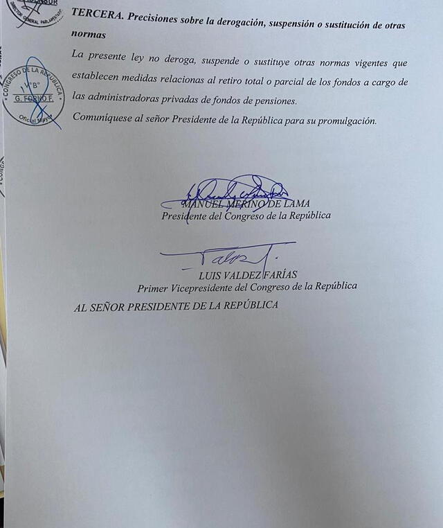 Autógrafa de ley sobre AFP se envió al Ejecutivo