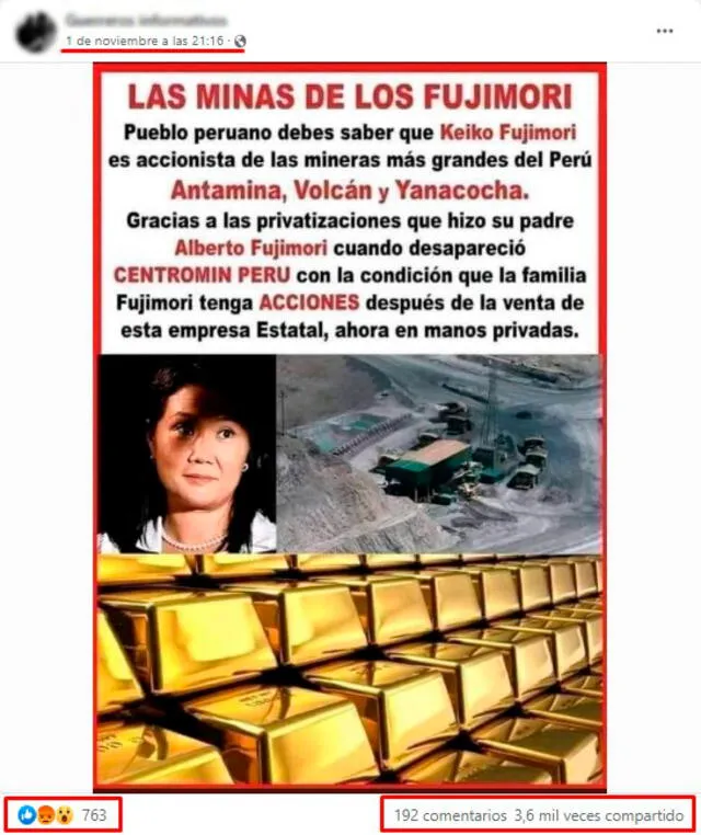 Imagen viralizada en Facebook en la que aseguran que Keiko Fujimori tendría acciones en 3 compañías mineras. FOTO: Captura de Facebook.