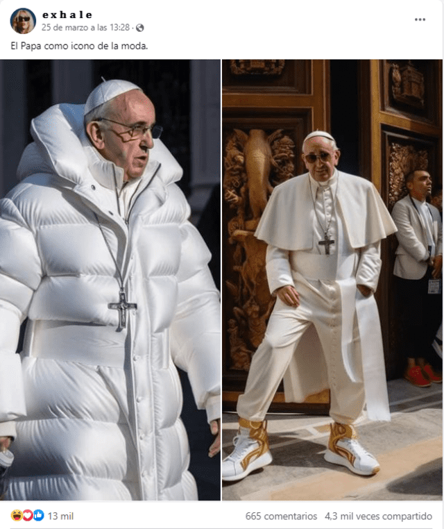  Imágenes del papa 'aesthetic' fueron creadas con inteligencia artificial. Foto: captura de Facebook   