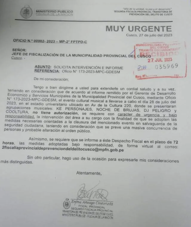 Ministerio Público solicitó intervención de la autoridad municipal de Cusco.   