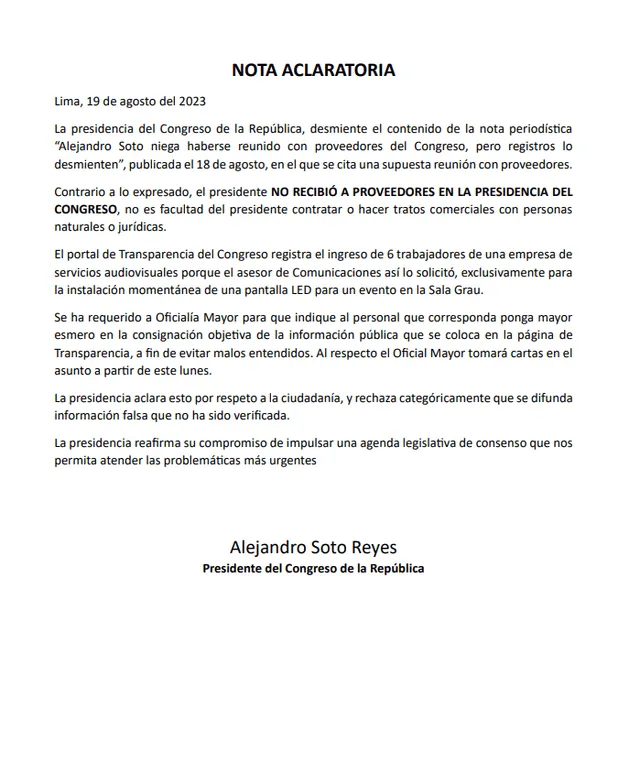  Alejandro Soto responde nota de La República. Foto: Congreso 