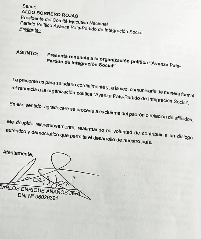  Renuncia de Añaños a Avanza País. Foto: difusión 