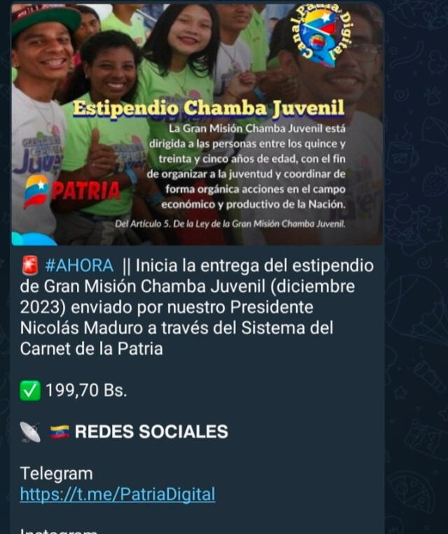  El Bono Chamba Juvenil se entrega mensualmente en Venezuela. Foto: Canal Patria Digital   