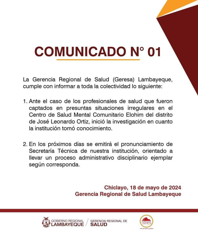 Comunicado de la Gerencia Regional de Salud Lambayeque. Foto: Gerencia Regional de Salud Lambayeque   