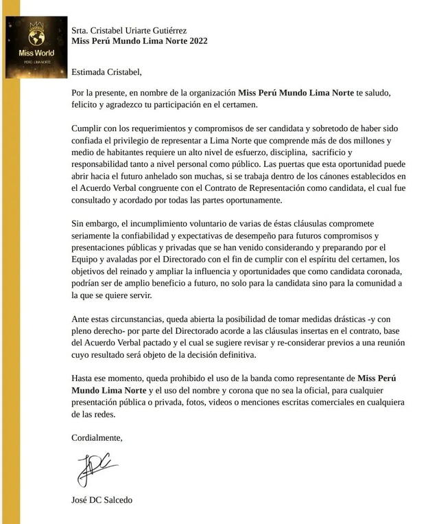 29.9.2022 | Carta de la organización Miss World Perú enviada a Cristabel Uriarte Gutiérrez. Foto: Cristabel Uriarte/Instagram