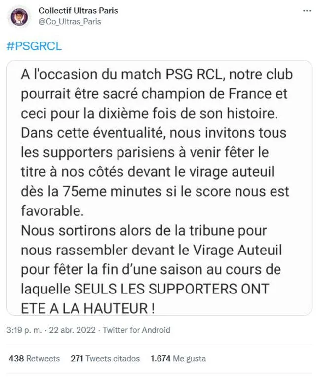 Mensaje de los ultras. Foto: PSG