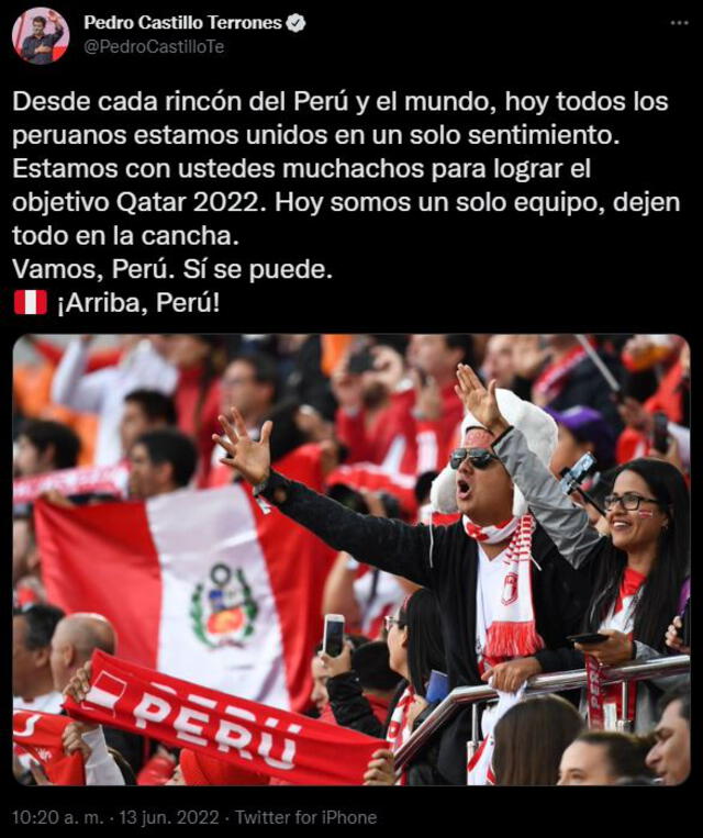 Tuit de Pedro Castillo apoyando a la selección peruana. Foto: Captura Twitter