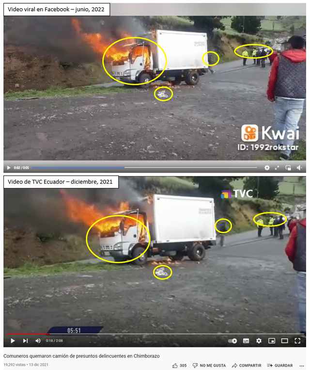 Comparación entre el video viral (arriba) y el video adjunto en una emisión de El Comercio Ecuador (abajo). Fuente: composición